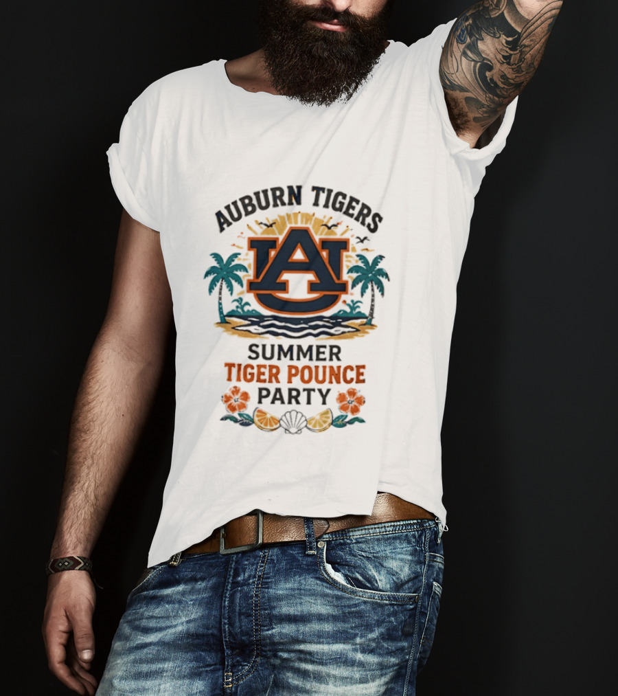 Auburn Tigers Summer Tiger Pounce Party Tropical Beach Scene T-Shirt