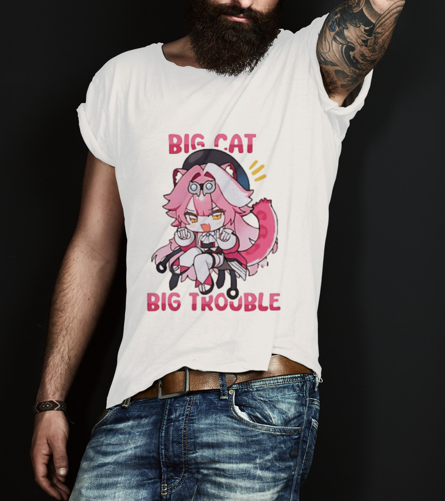 Big Cat Big Trouble Chibi Character With Pink Hair And Tail T-Shirt