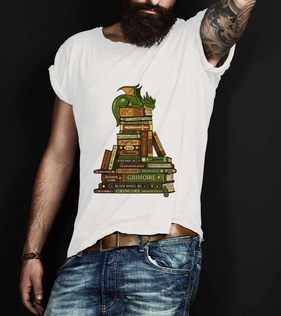 Dragon Resting On RPG Fantasy Grimoire Magic Books Stack T-Shirt