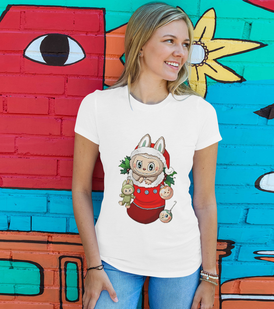 Stocking Stuffer Labubu Christmas Santa Hat Holly Ornaments T-Shirt