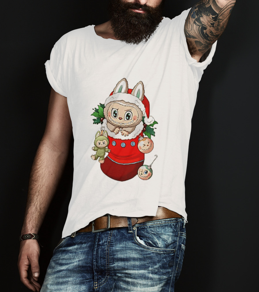 Stocking Stuffer Labubu Christmas Santa Hat Holly Ornaments T-Shirt