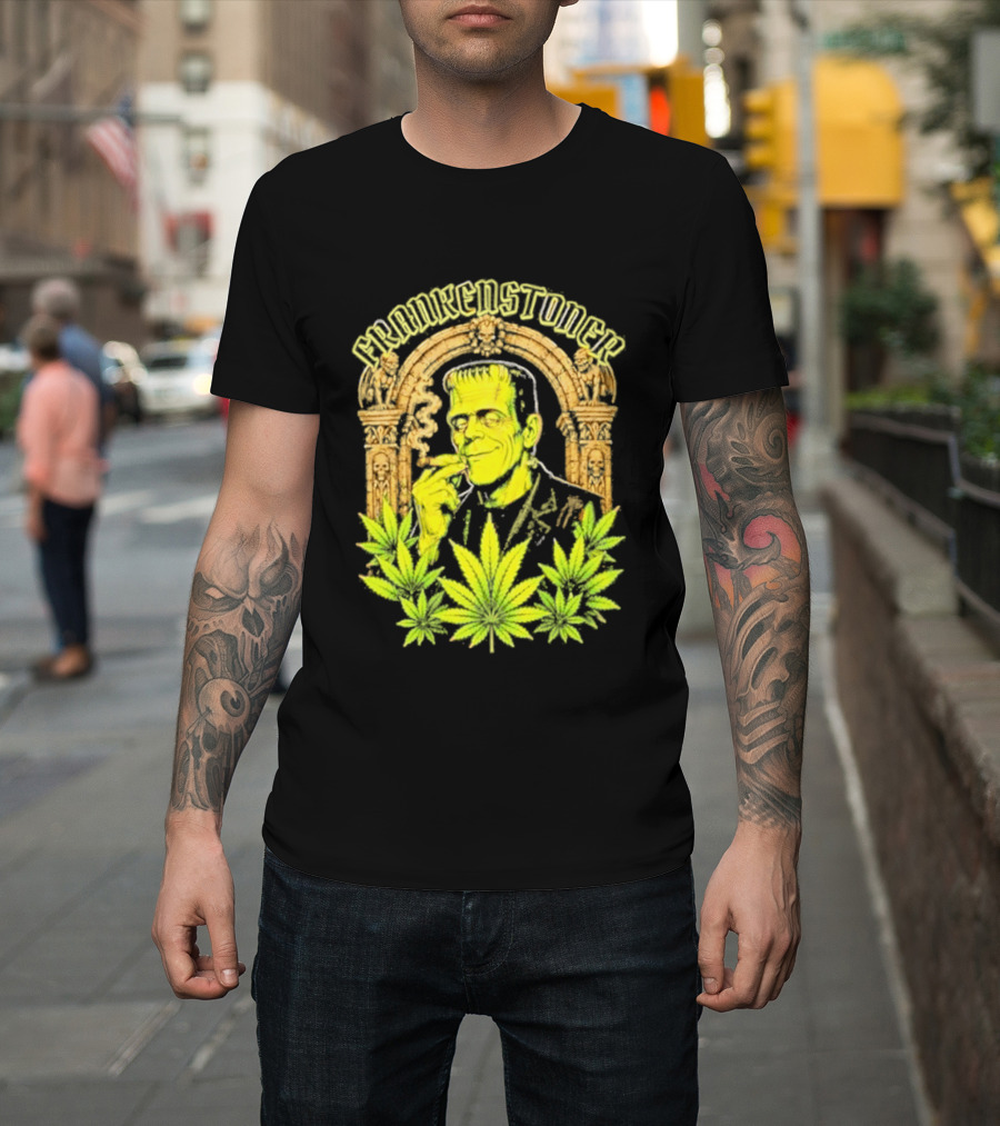 Frankenstoner Frankenstein Marijuana Smoking Arch Skulls T-Shirt