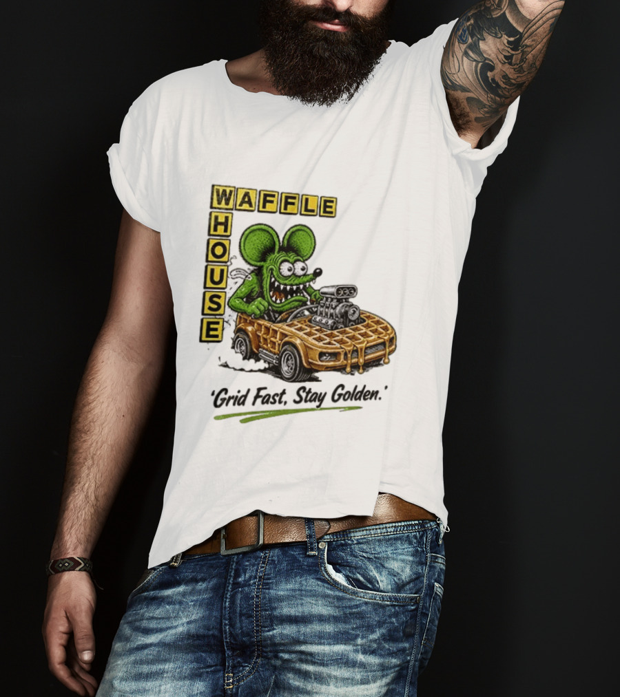 Rat Fink Waffle House Grid Fast Stay Golden Car Racer T-Shirt