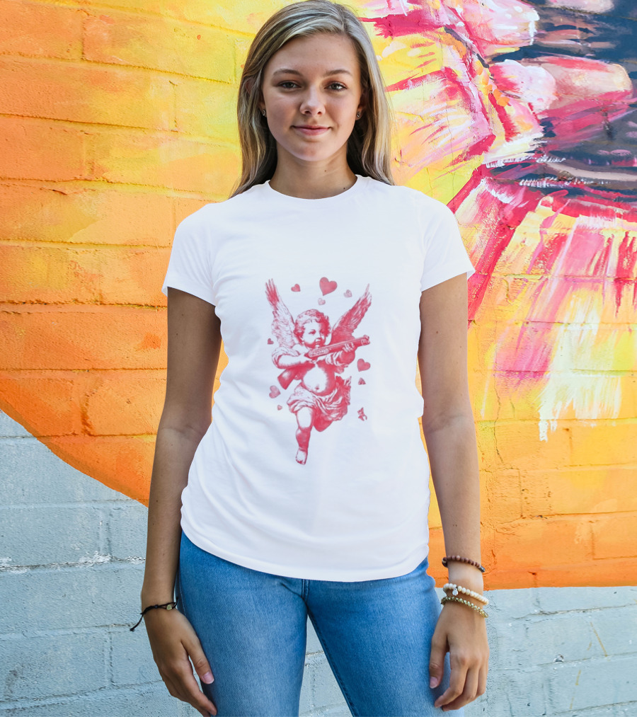 Red Pink Cherub Cupid Shotgun Hearts Clouds T-Shirt