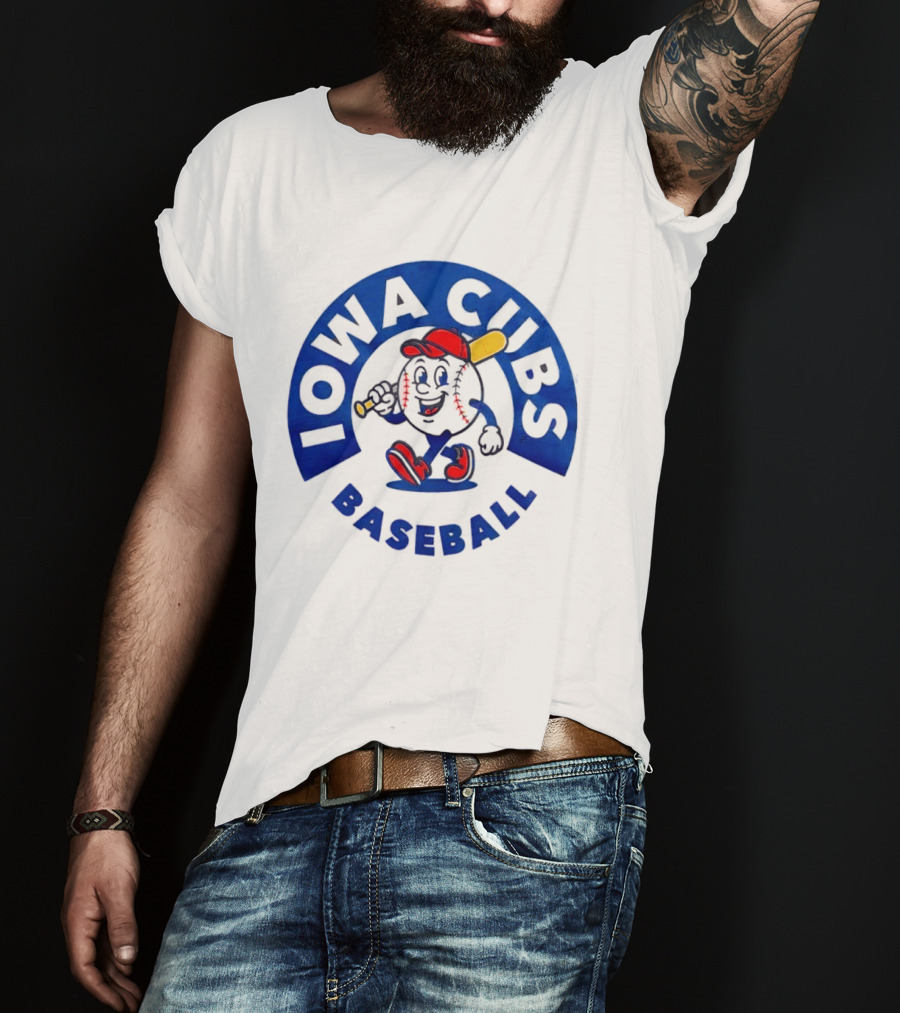 Iowa Cubs MLB Baseball Cartoon Walking Ball Bat Red Cap T-Shirt