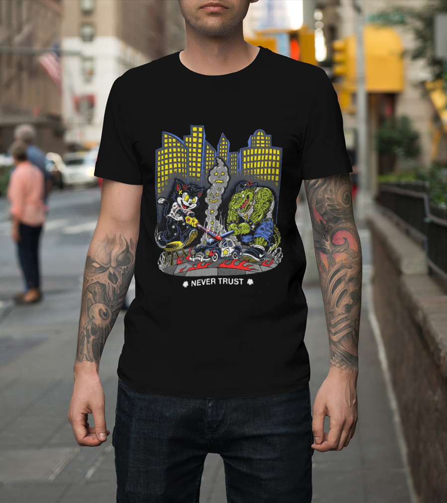 Cat And Crocodile In City Never Trust Police Car Cartoon Scene T-Shirt