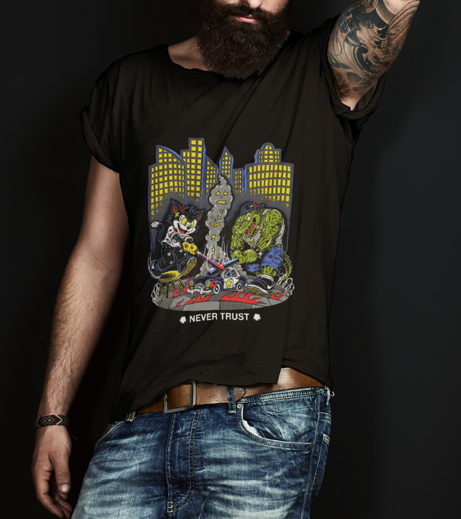 Cat And Crocodile In City Never Trust Police Car Cartoon Scene T-Shirt