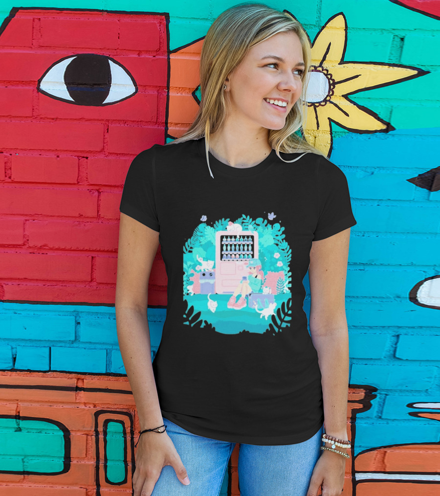 Cat Vending Machine Pastel Aesthetic With Sitting Girl And Cats T-Shirt