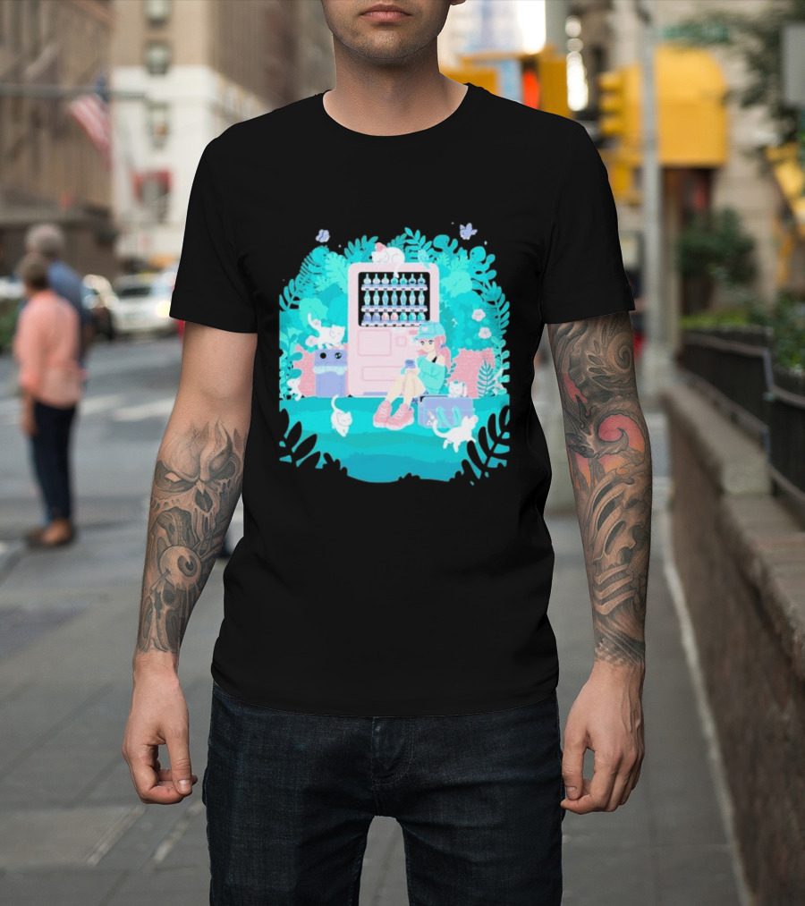 Cat Vending Machine Pastel Aesthetic With Sitting Girl And Cats T-Shirt