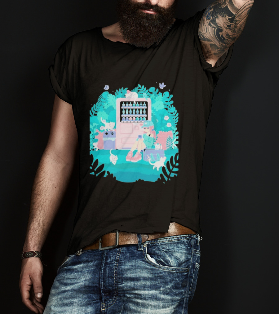 Cat Vending Machine Pastel Aesthetic With Sitting Girl And Cats T-Shirt