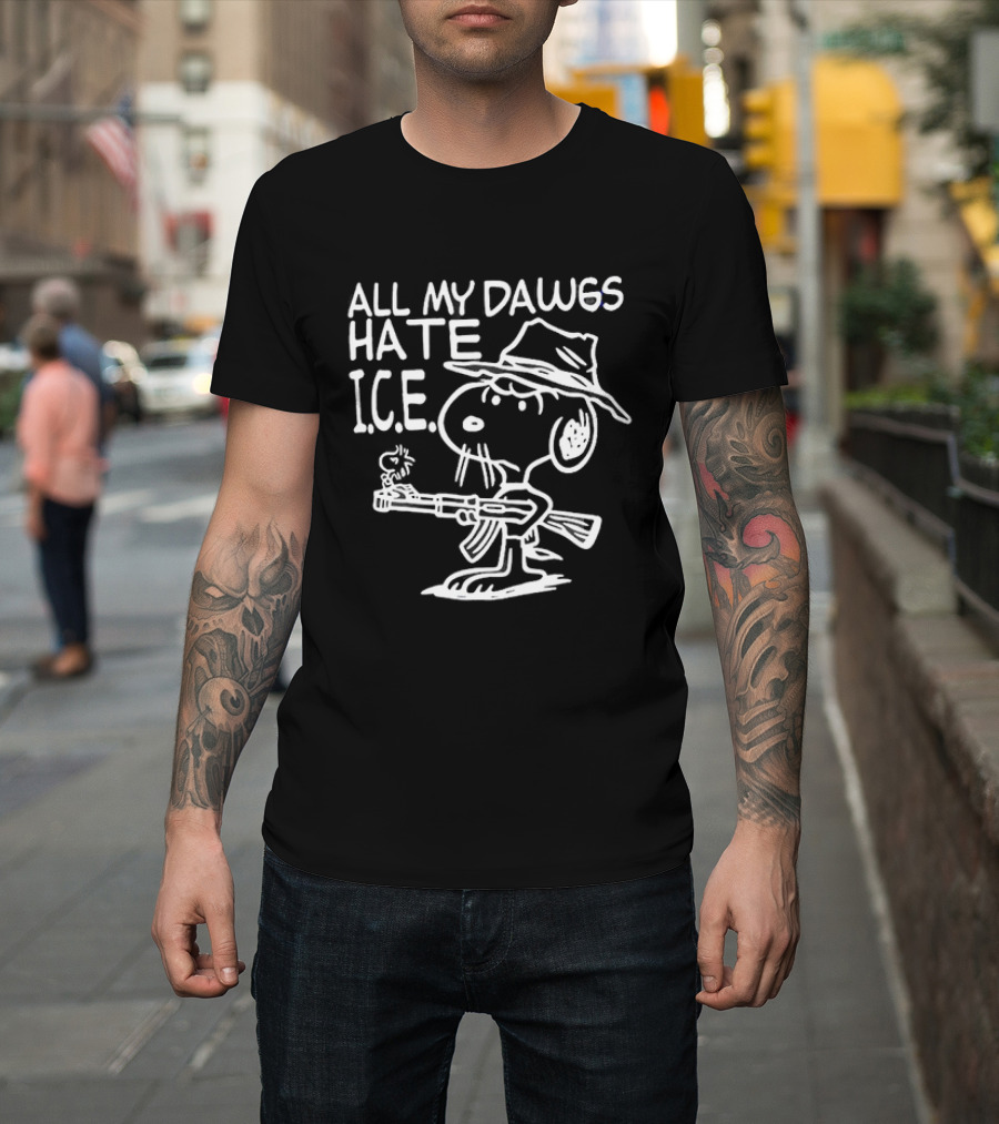 Snoopy Cowboy All My Dawgs Hate Ice Peanuts Character Funny Western T-Shirt