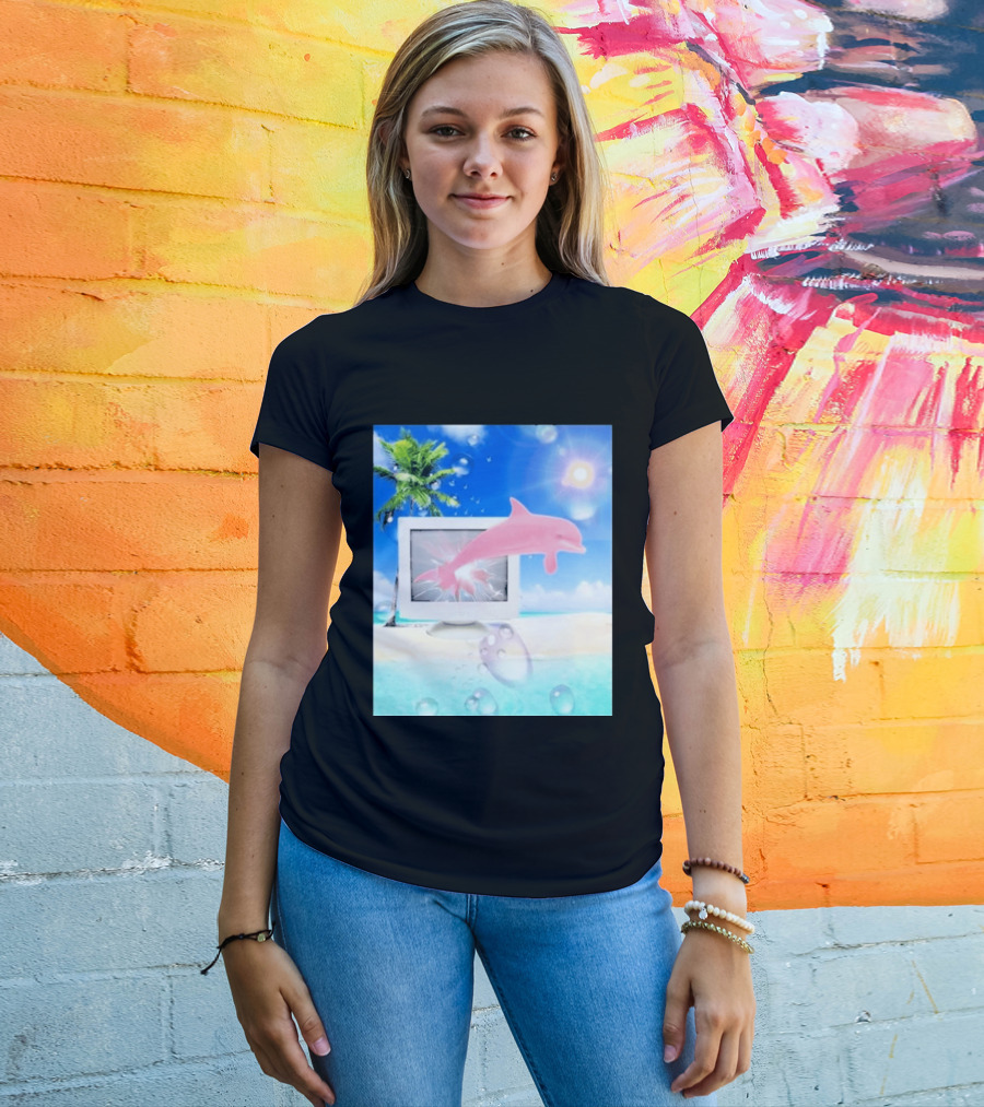 Frutiger Aero Y2k Vaporwave Palm Tree Pink Dolphin Cyberpunk Aesthetic T-Shirt