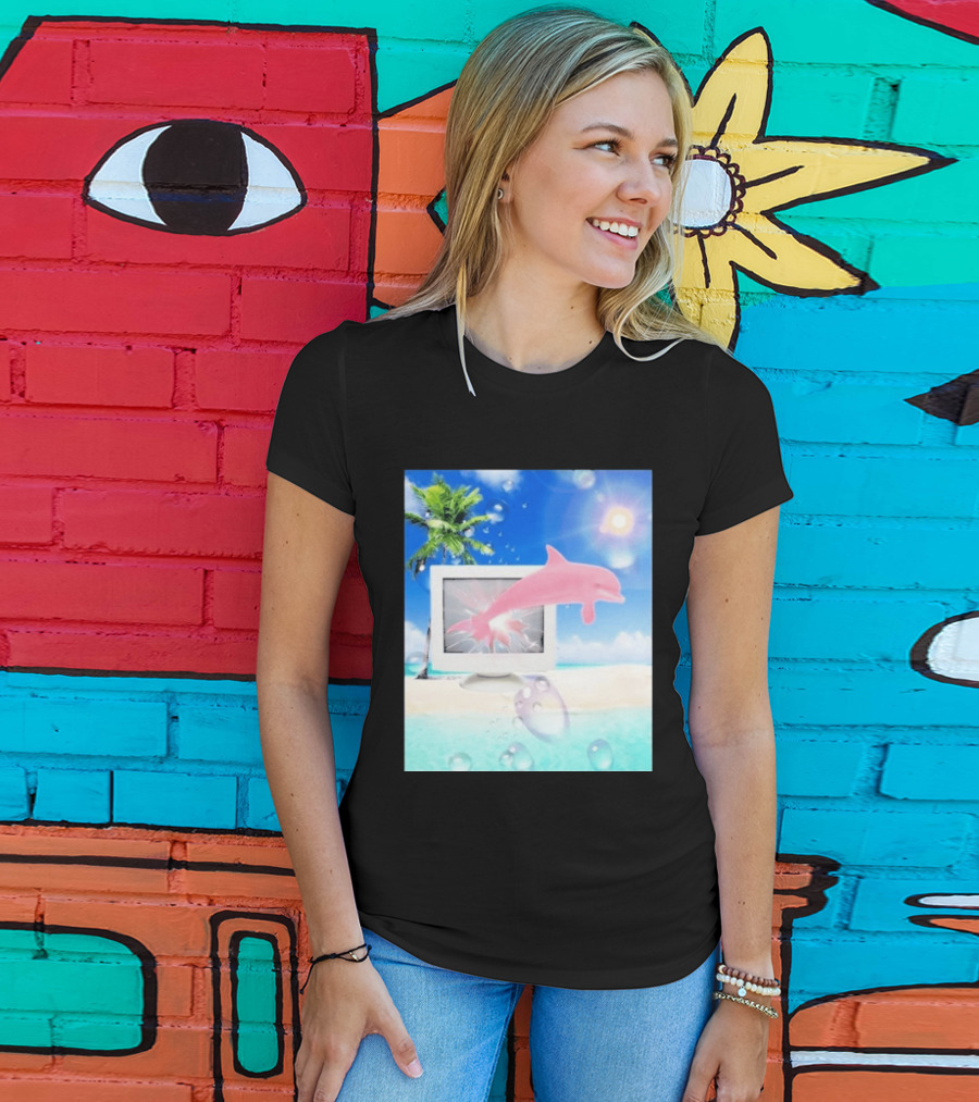 Frutiger Aero Y2k Vaporwave Palm Tree Pink Dolphin Cyberpunk Aesthetic T-Shirt