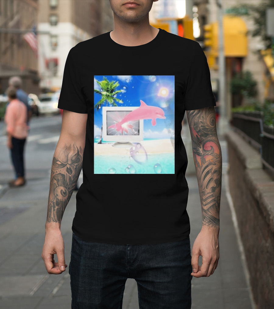 Frutiger Aero Y2k Vaporwave Palm Tree Pink Dolphin Cyberpunk Aesthetic T-Shirt