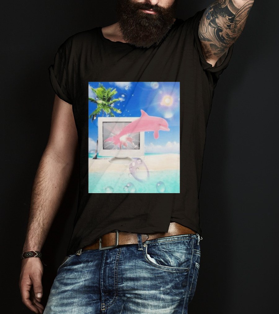 Frutiger Aero Y2k Vaporwave Palm Tree Pink Dolphin Cyberpunk Aesthetic T-Shirt