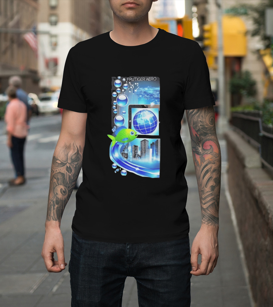 Frutiger Aero Y2K Global Tech Cityscape With Digital Fish And Blue T-Shirt
