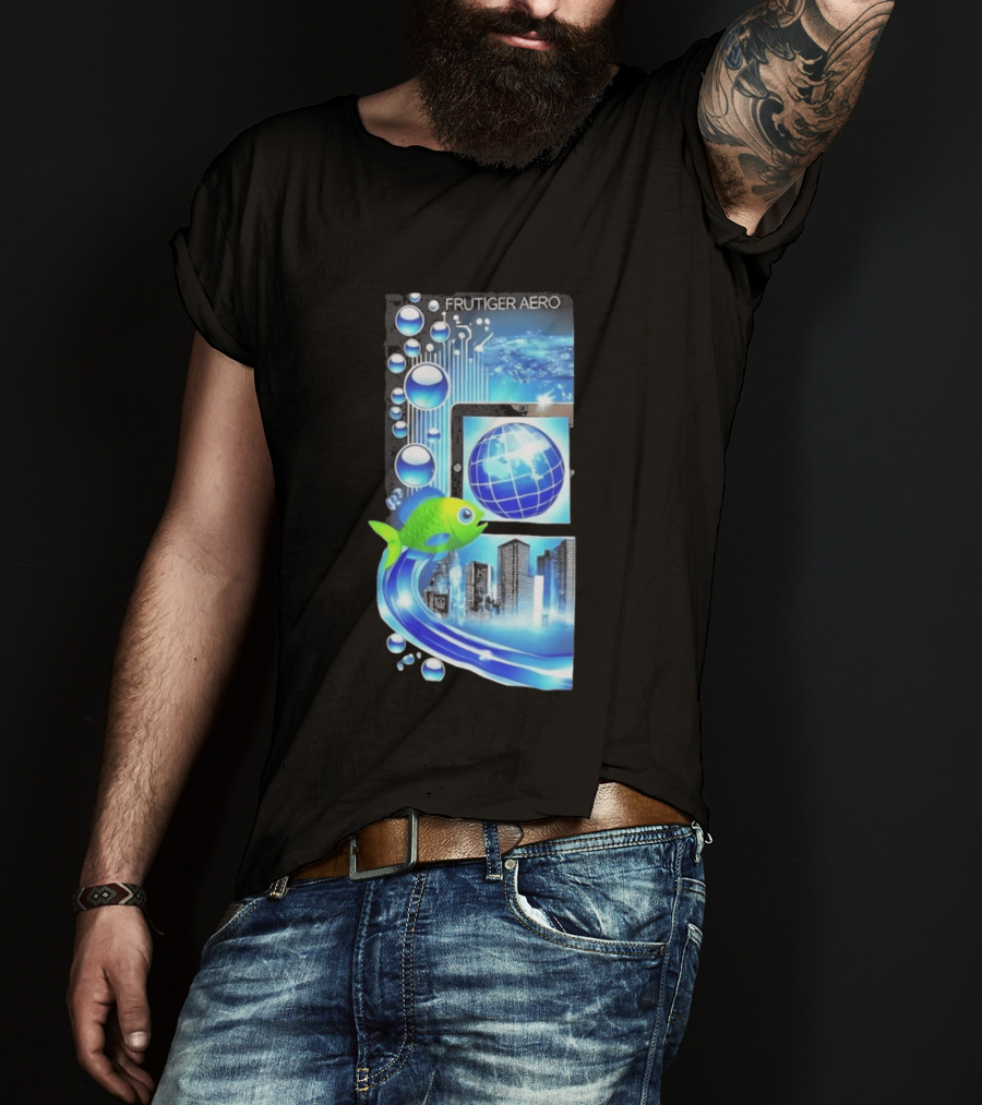 Frutiger Aero Y2K Global Tech Cityscape With Digital Fish And Blue T-Shirt