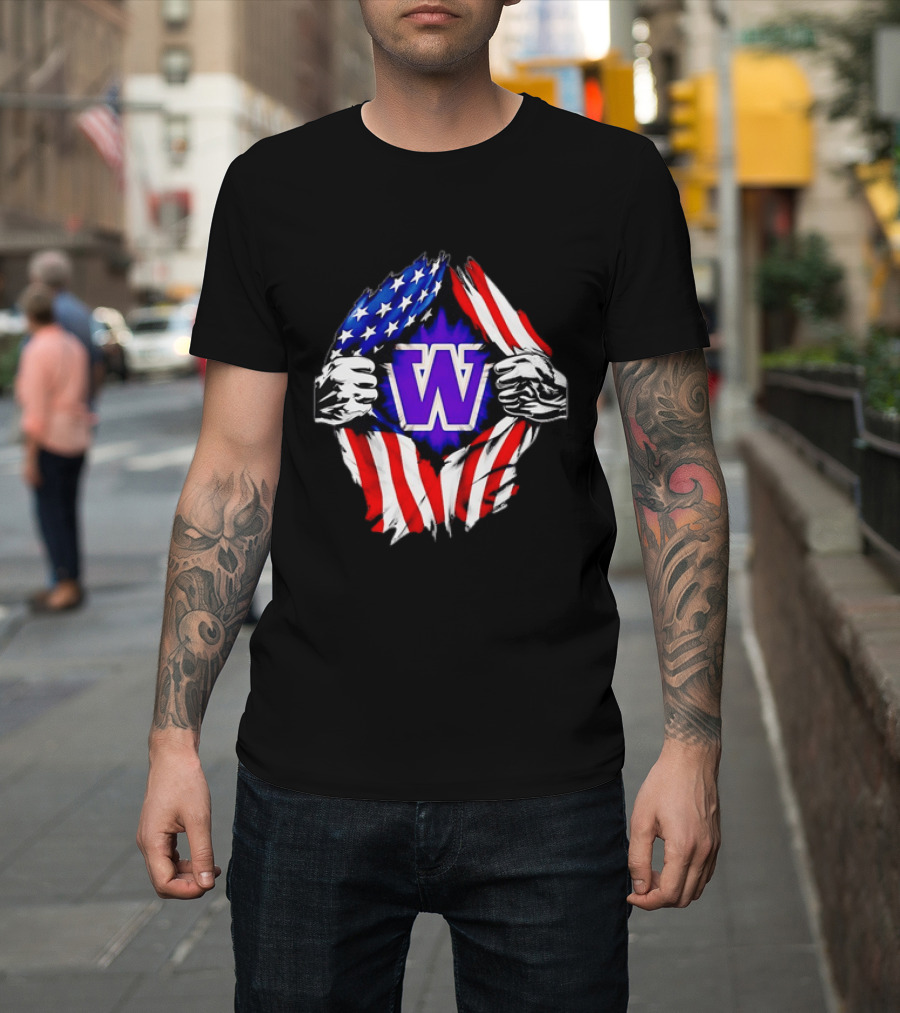 Washington Huskies W Logo American Flag Ripped Chest T-Shirt