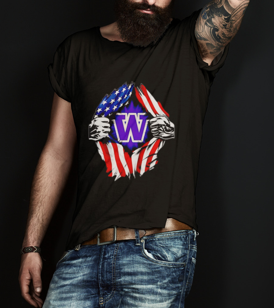 Washington Huskies W Logo American Flag Ripped Chest T-Shirt