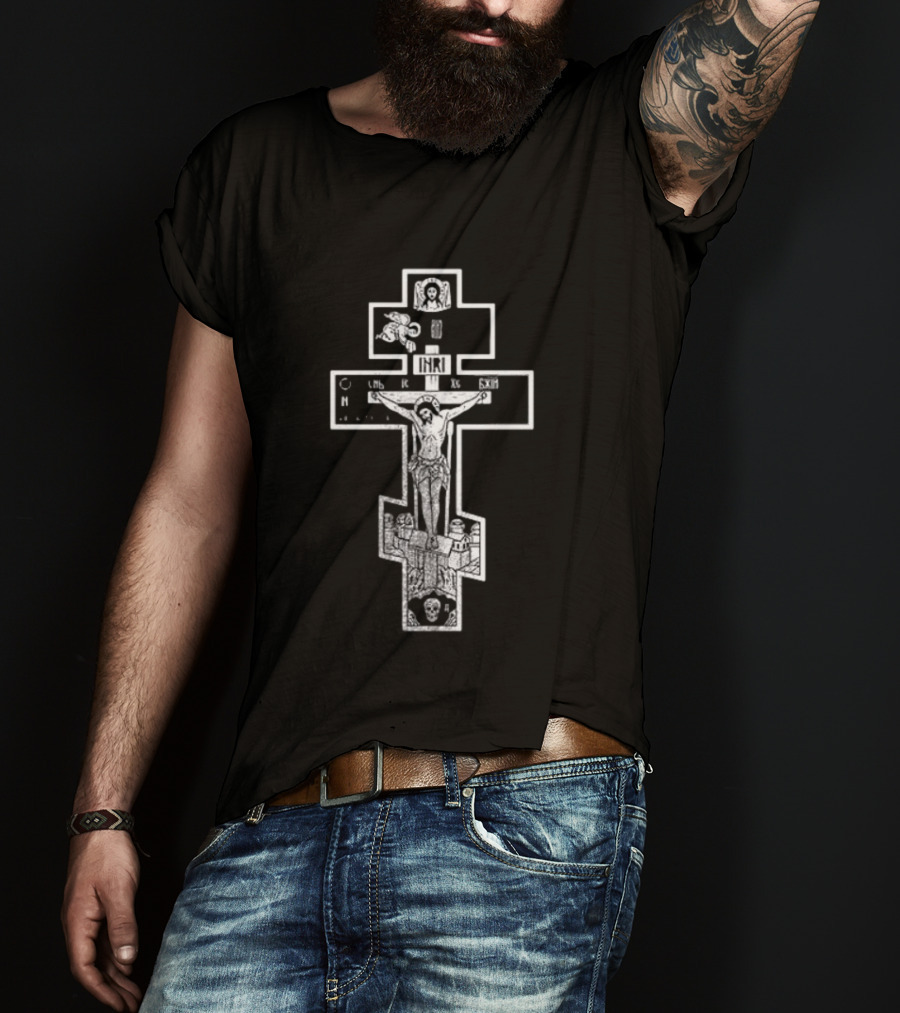 Jesus Christ INRI Crucifixion Symbol With Religious Icons And Figures T-Shirt