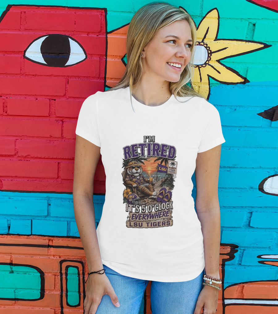 LSU Tigers I'm Retired It's 5 O' Everywhere Beach Relaxation With Palm Trees And Sunset T-Shirt