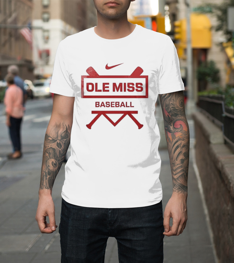 Ole Miss Baseball Nike Let's Go Rebell Crossed Bats T-Shirt