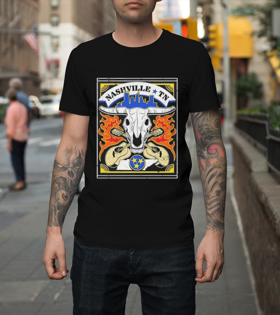 Nashville TN Cow Skull Guitars Flames Skyline Blue Star T-Shirt