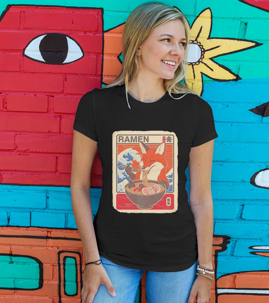 Fox Eating Ramen With Japanese Wave T-Shirt