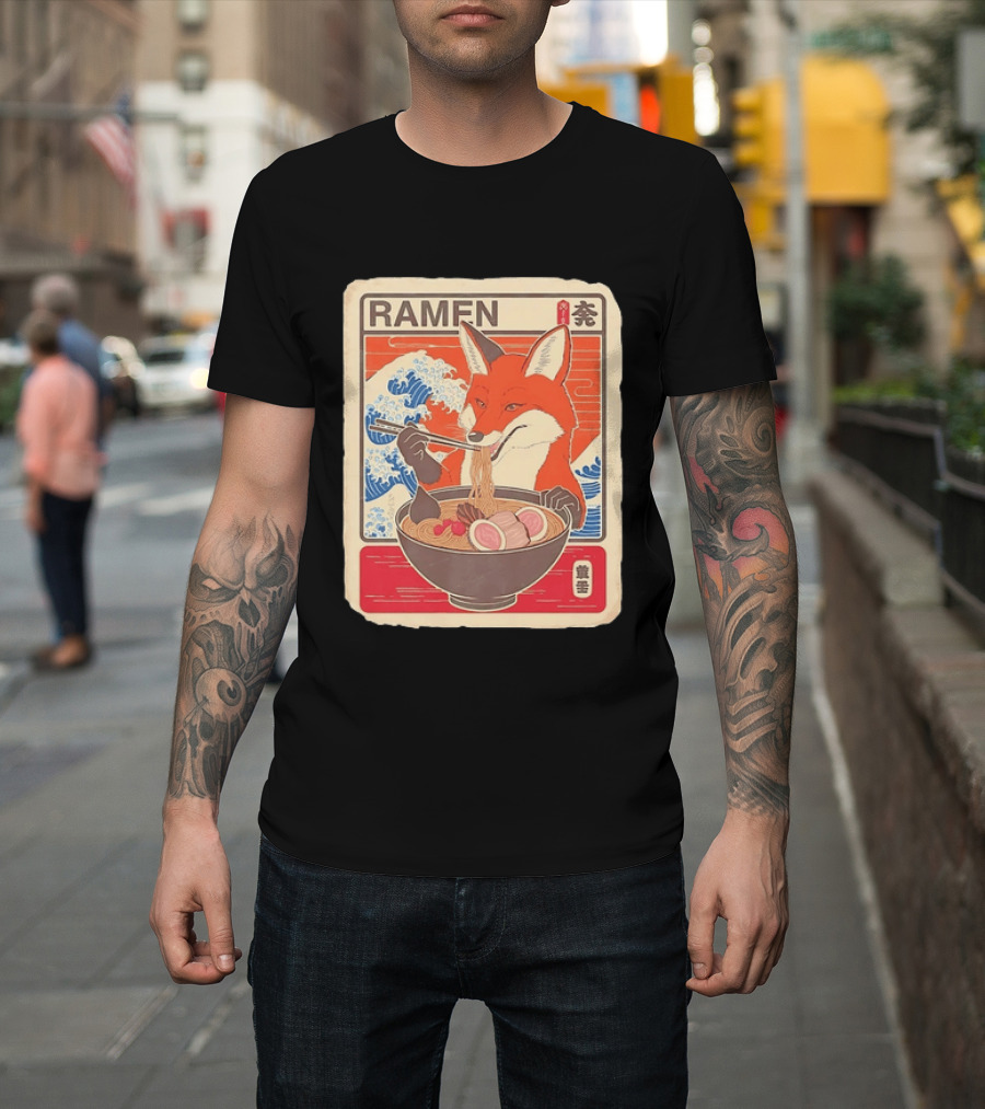 Fox Eating Ramen With Japanese Wave T-Shirt