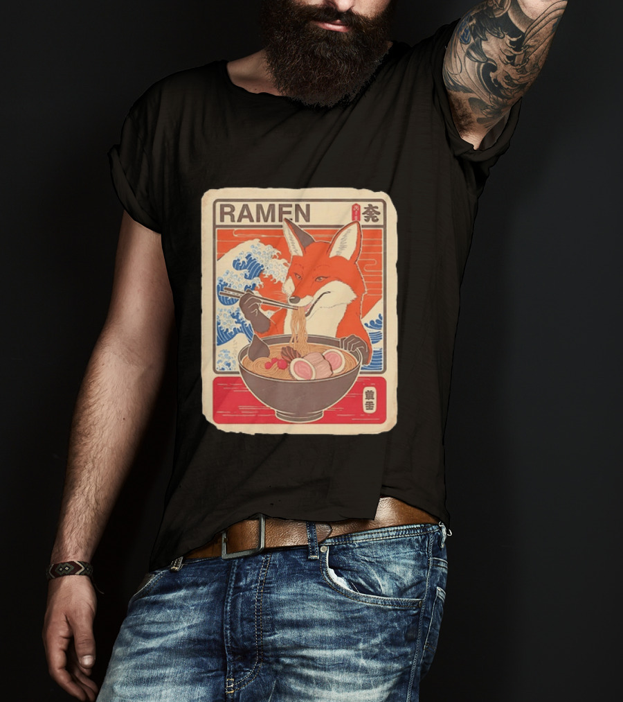 Fox Eating Ramen With Japanese Wave T-Shirt