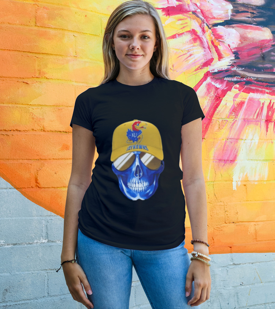 Kansas Jayhawks Skull Cap Fans Wear KU Jayhawks Edition T-Shirt