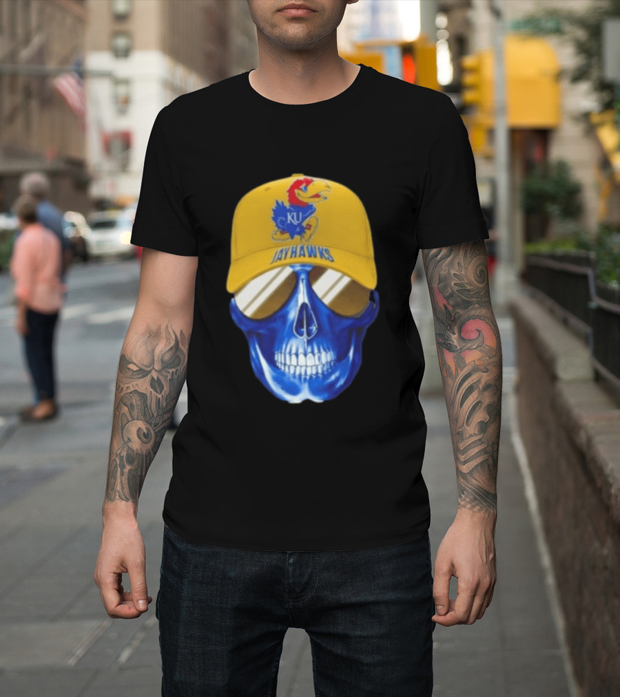 Kansas Jayhawks Skull Cap Fans Wear KU Jayhawks Edition T-Shirt