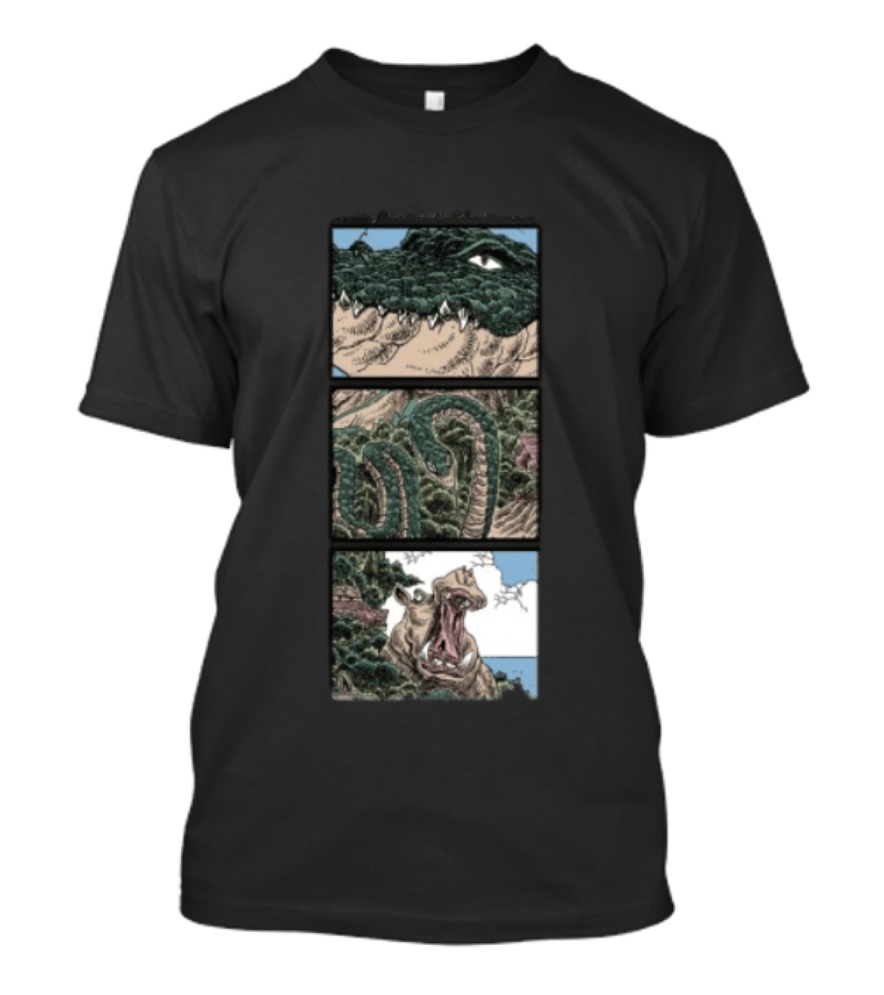 The Longest Johns Store Ends Of The Earth UK Tour Black Crocodile And Dinosaur Comic Strip T-Shirt