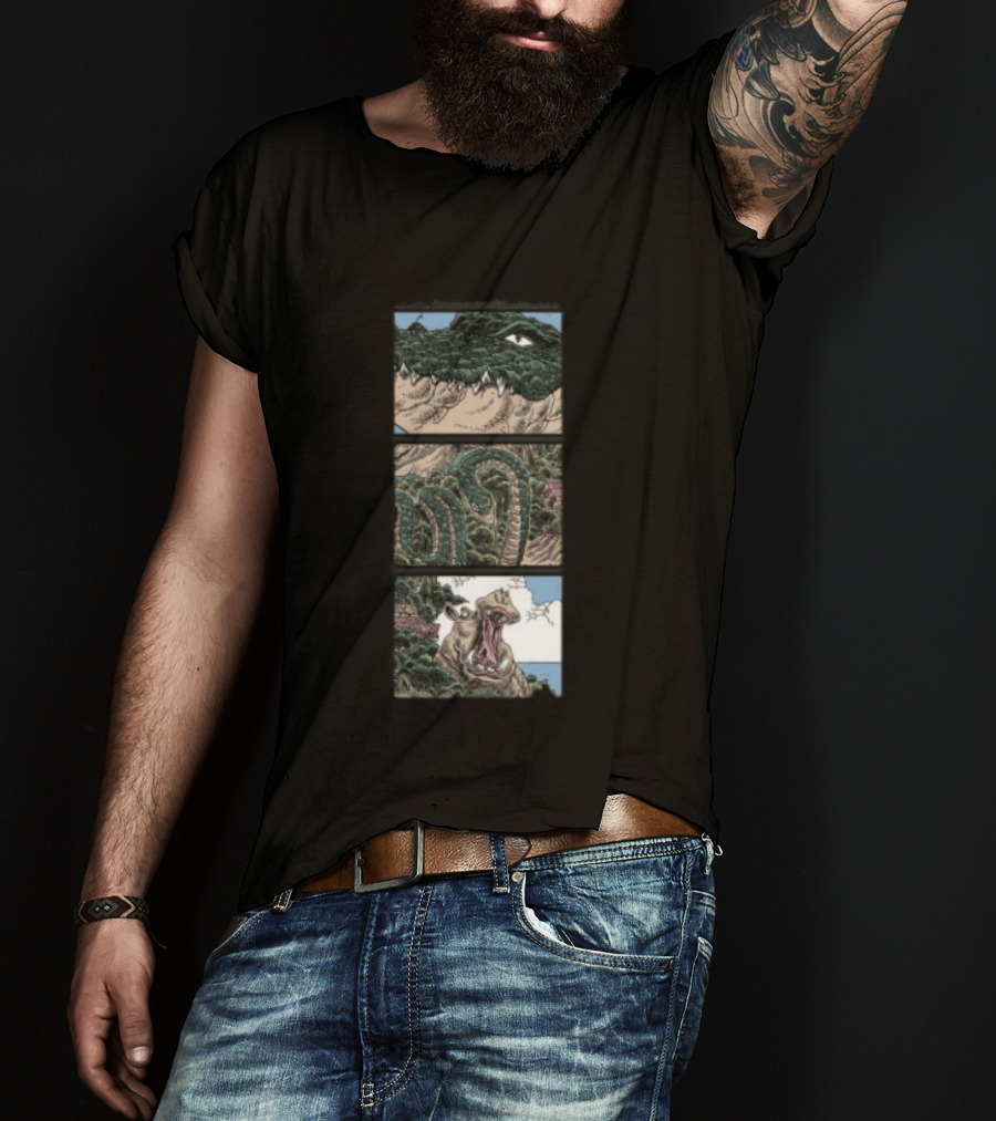 The Longest Johns Store Ends Of The Earth UK Tour Black Crocodile And Dinosaur Comic Strip T-Shirt