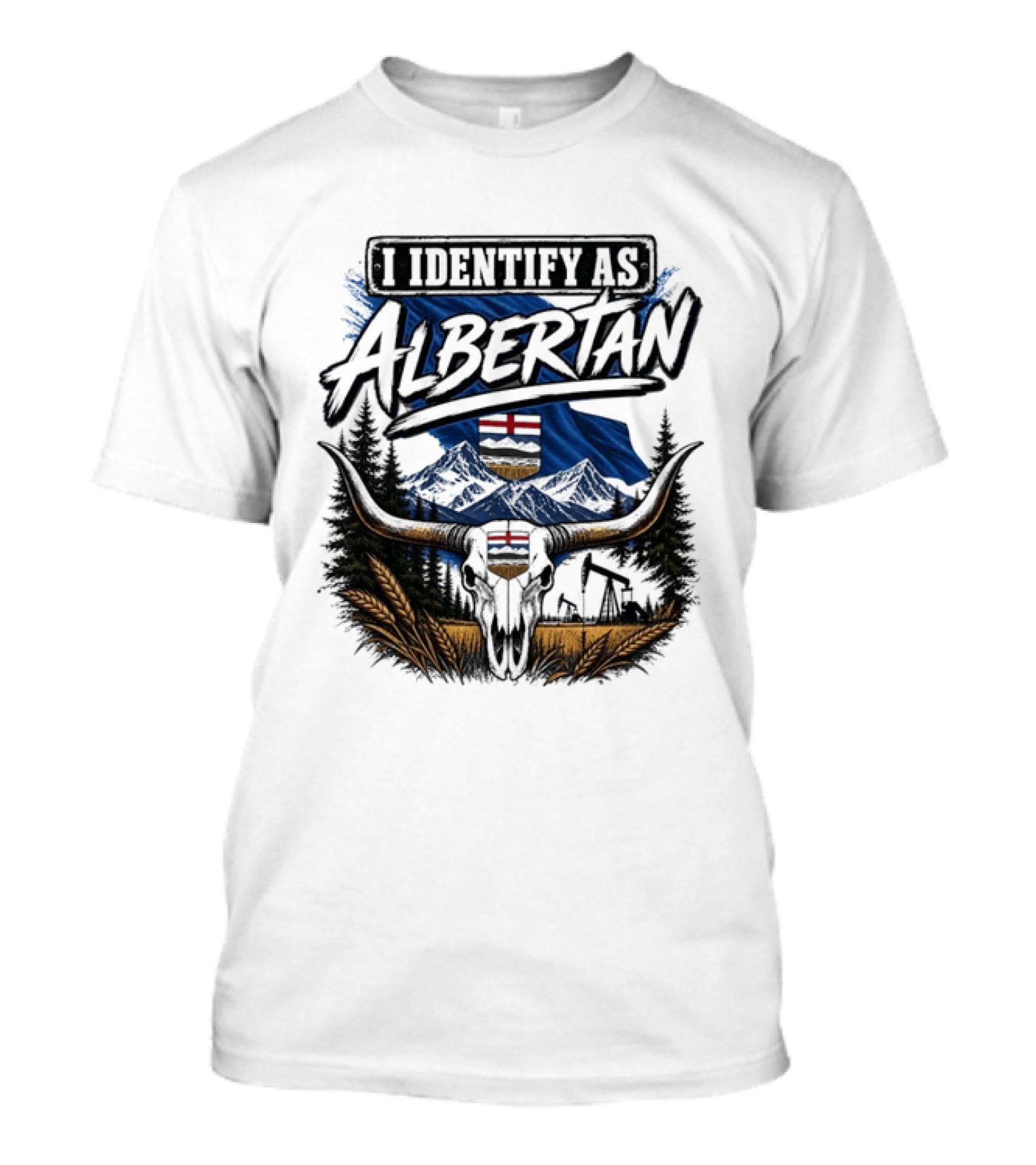 I Identify As Albertan Alberta Flag Longhorn Skull Wheat Forest Scene T-Shirt