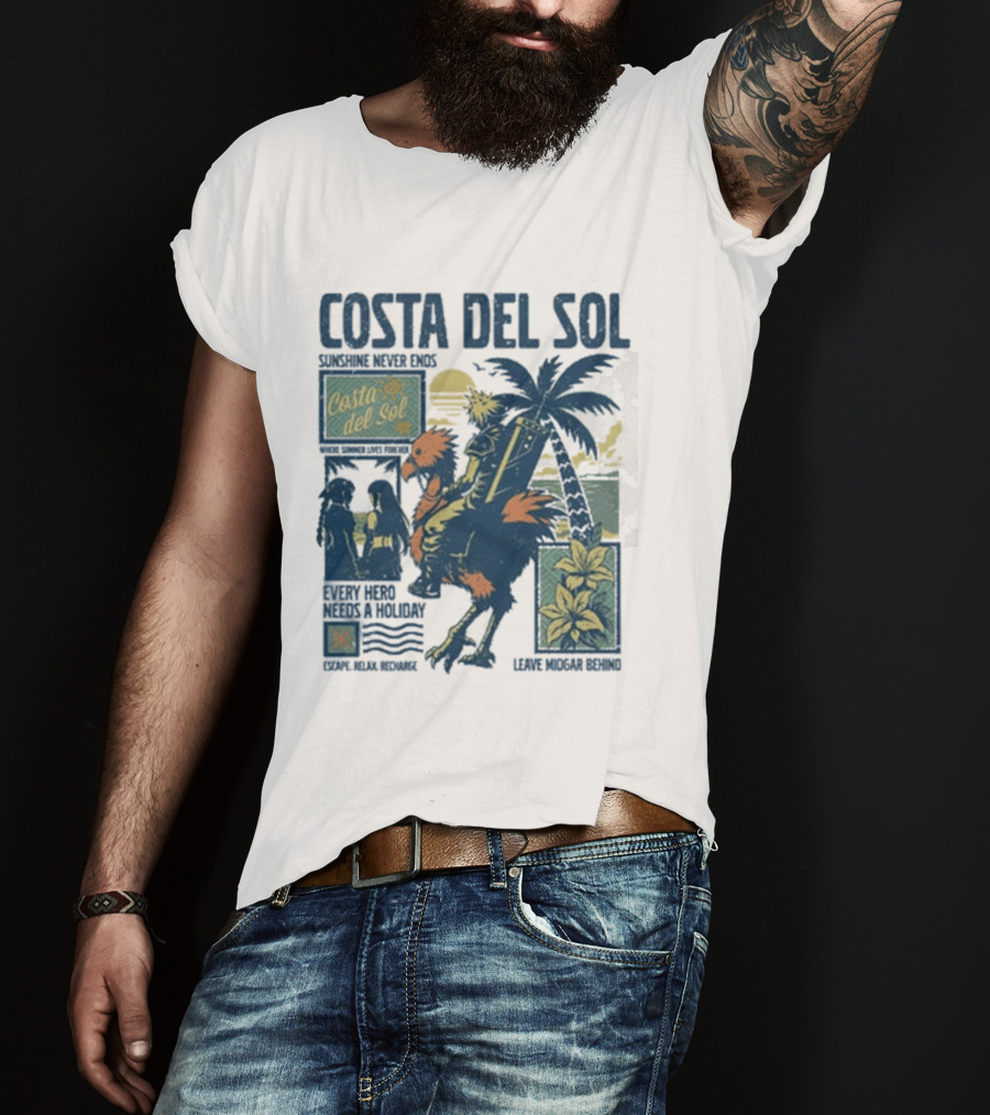 Costa Del Sol Final Fantasy Chocobo Beach Scene Palm Trees T-Shirt