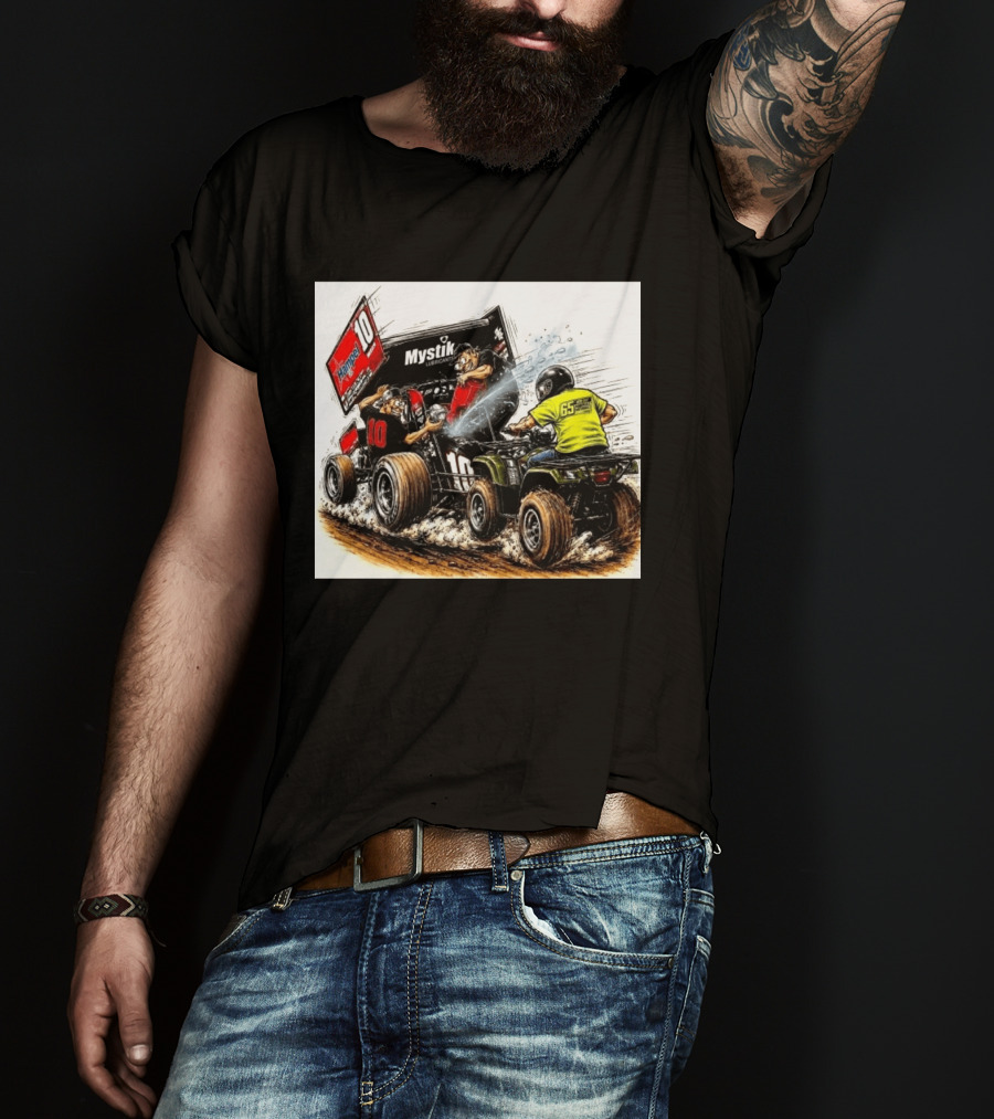 ATV Racing Action With Mystik Lubricants Dirt Track Riders Off Road Racing Vehicles And Hampel 65 Speed Shop T-Shirt