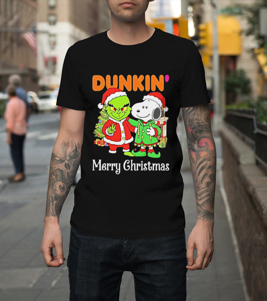 Dunkin Merry Christmas Grinch Snoopy Santas T-Shirt