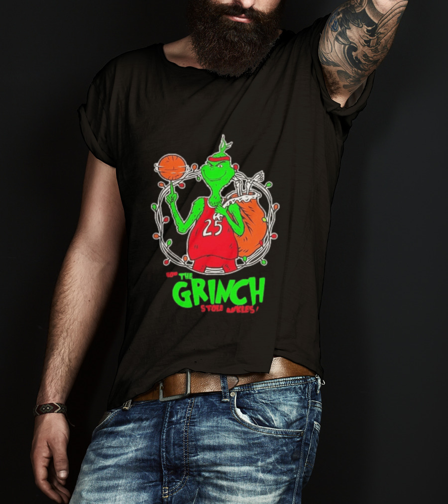 The Grinch Basketball Christmas Lights Jersey 25 Stole Ankles Green T-Shirt
