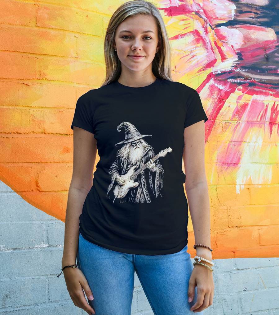Wizard Playing Electric Guitar Fantasy Musician Magical Rock Legend T-Shirt