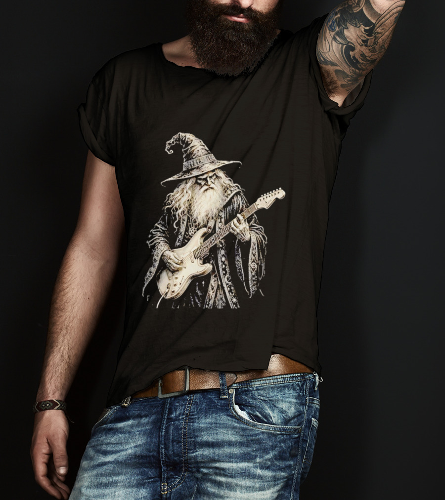 Wizard Playing Electric Guitar Fantasy Musician Magical Rock Legend T-Shirt