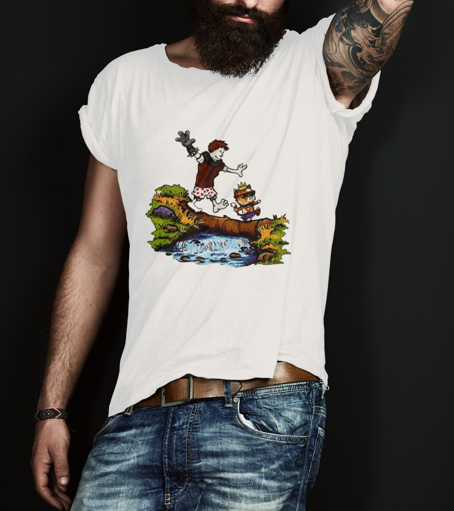 Boy And Crowned Cat Balancing On Log Over Stream T-Shirt
