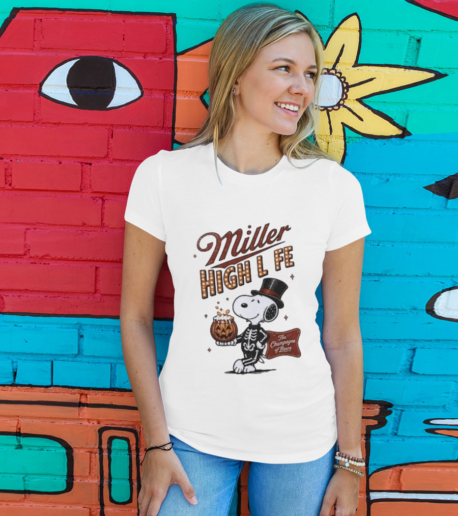 Miller High Life Snoopy Skeleton Halloween The Champagne Of Beers T-Shirt