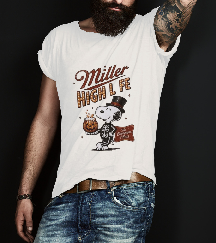 Miller High Life Snoopy Skeleton Halloween The Champagne Of Beers T-Shirt