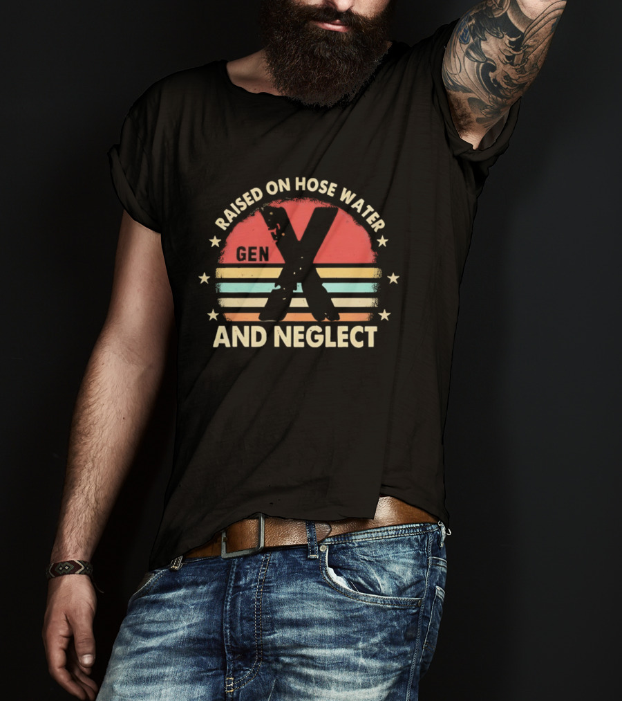 Gen X Raised On Hose Water And Neglect Vintage 70s Style Retro Stripes T-Shirt