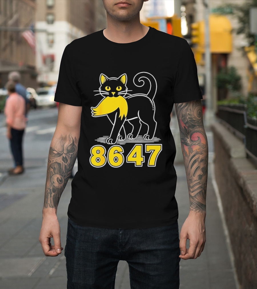 Black Cat 8647 Feline With Yellow Mustache T-Shirt