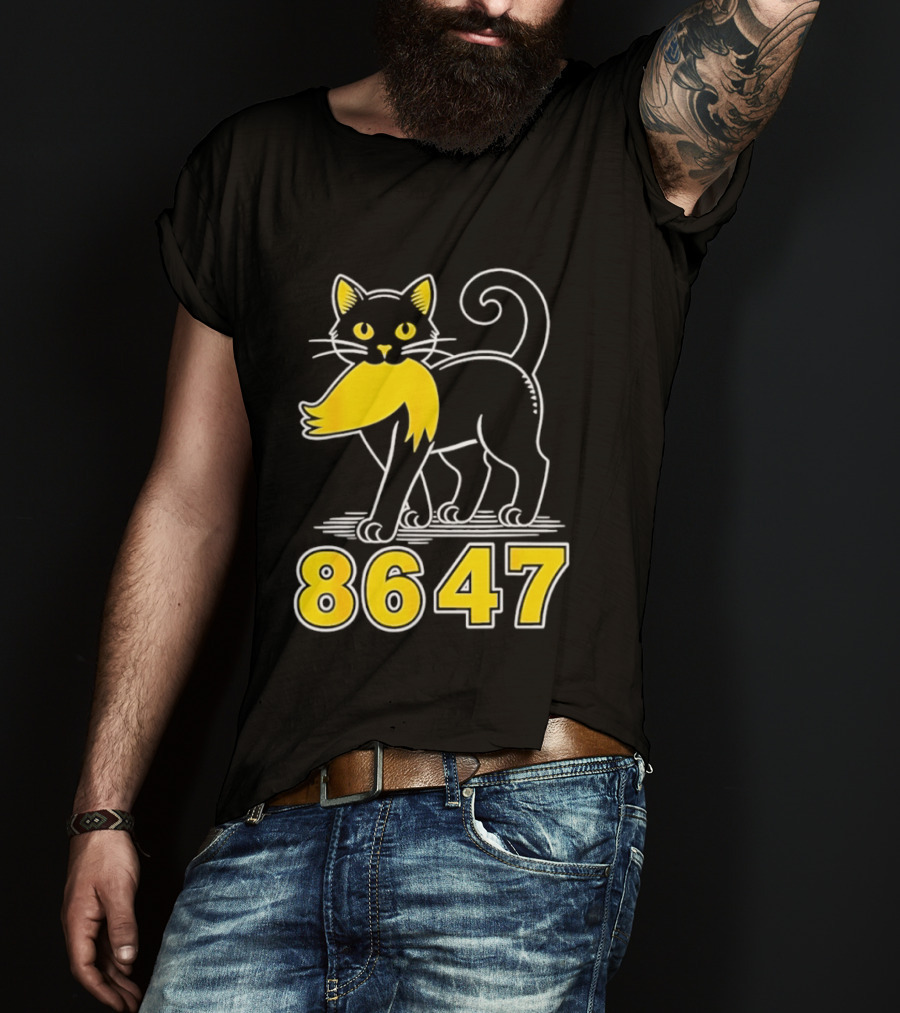 Black Cat 8647 Feline With Yellow Mustache T-Shirt