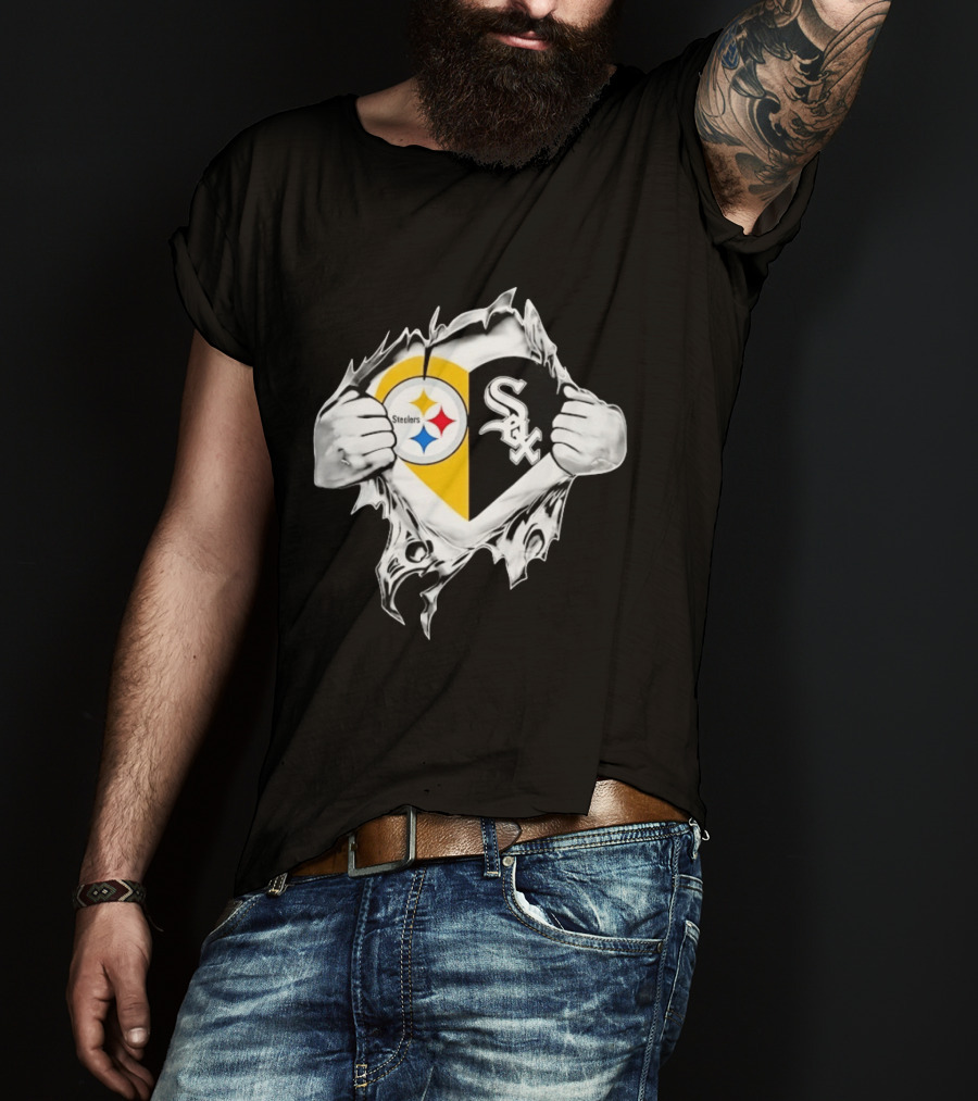 Pittsburgh Steelers Chicago White Sox Heart Superman Chest Rip T-Shirt