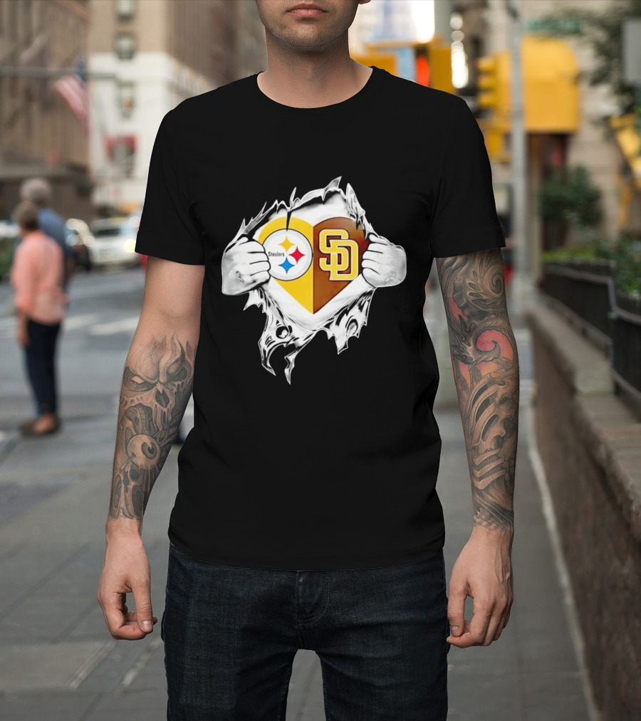 Pittsburgh Steelers San Diego Padres Heart Superman Chest Rip T-Shirt
