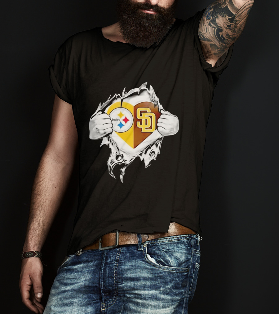 Pittsburgh Steelers San Diego Padres Heart Superman Chest Rip T-Shirt